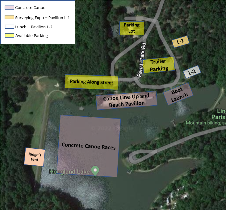 Lincoln Parish Park map including the judge's tent, concrete canoe races, Hoogland Lake, canoe line-up and beach pavilion, boat launch, parking lot, trailer parking, L-1, L-2, Mountain Biking Trails, noting where the concrete canoe races take place, where the surveying expo takes place, and where lunch and the available parking are