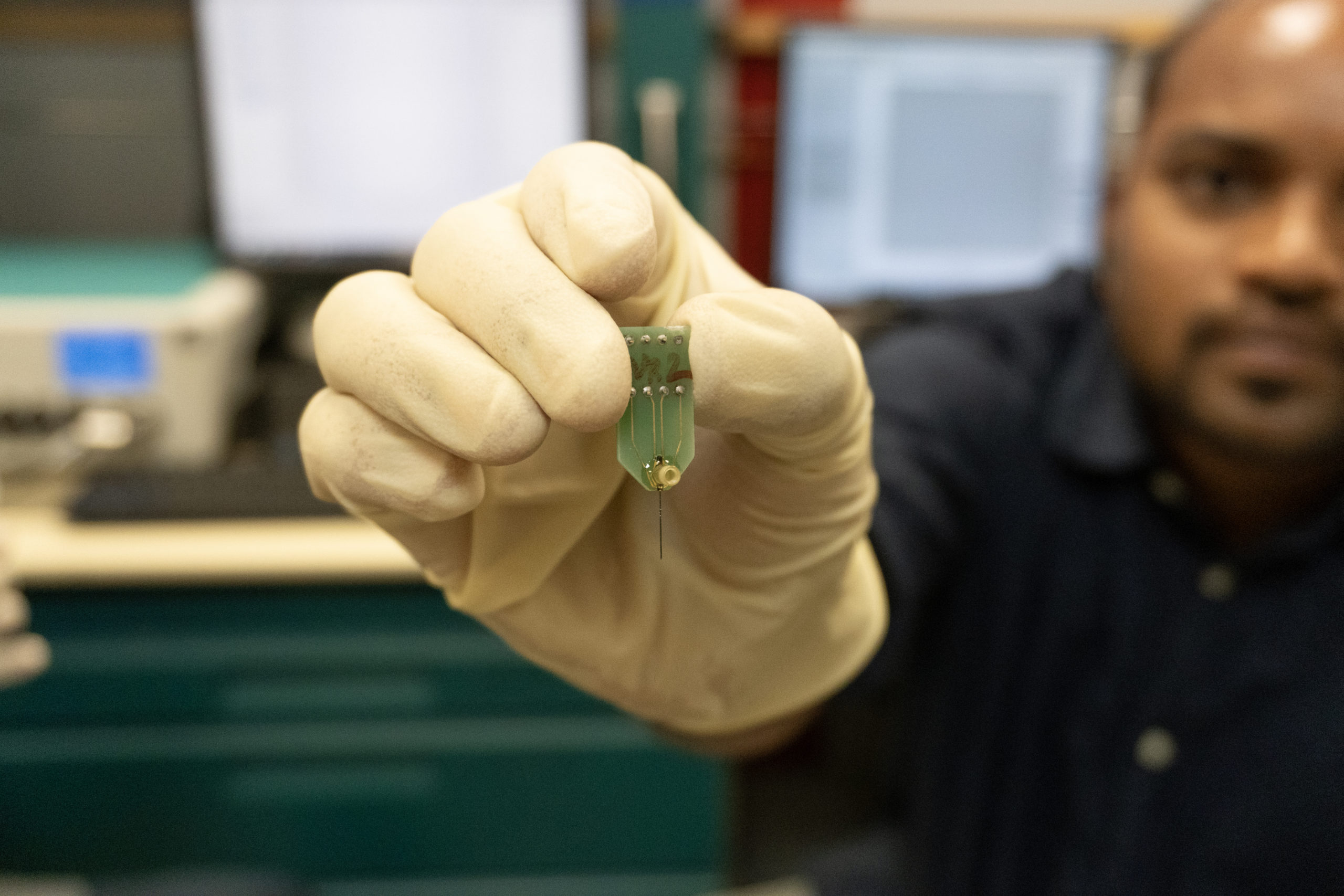 Close up of the neuroprobe developed by Sanjeev and Dr. Arumugam